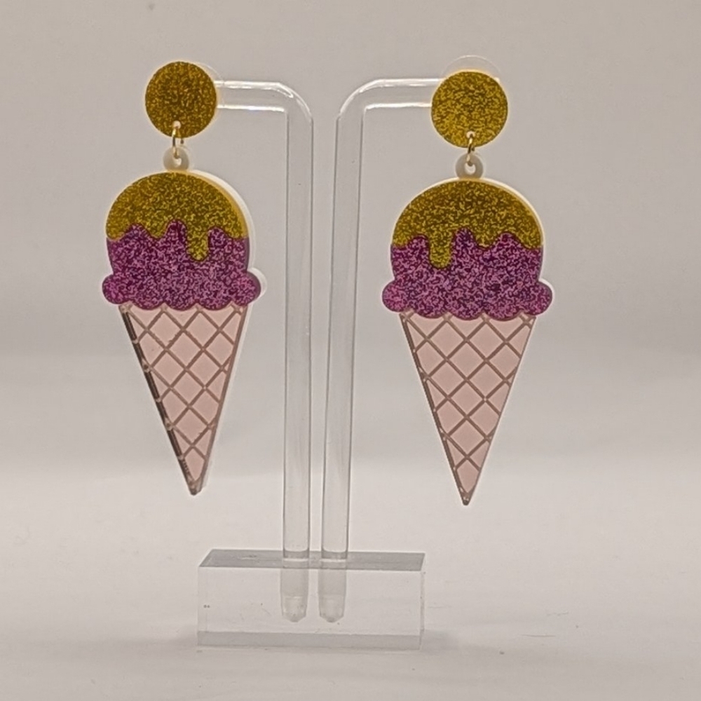 Ice Cream Cone Glitter Drop Earrings Pink And Yellow - Picture 4 of 5
